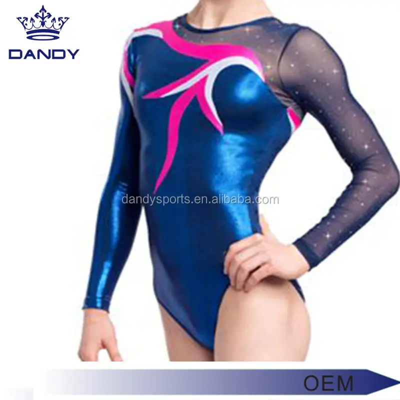 Shiny Spandex fabric Long Sleeve blue Rhythmic Gymnastics Leotards for girls