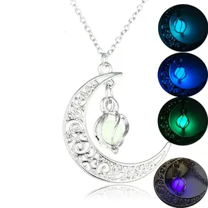Luminous Necklace Silver Plated Moon & Pumpkin Pendant Glow In The Dark