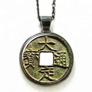 Collar de monedas chino antiguo, colección de monedas antiguas, collar de cabujón con foto de cristal chino