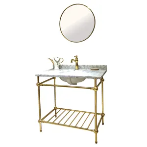 Style classique en acier inoxydable doré cadre en marbre salle de bain vanité