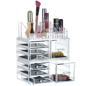 Acrylic Makeup Organizer 3 Pieces Set Cosmetic Storage Jewelry Display Case with 8 Drawers 16 Top Compartments for Brushes Palle