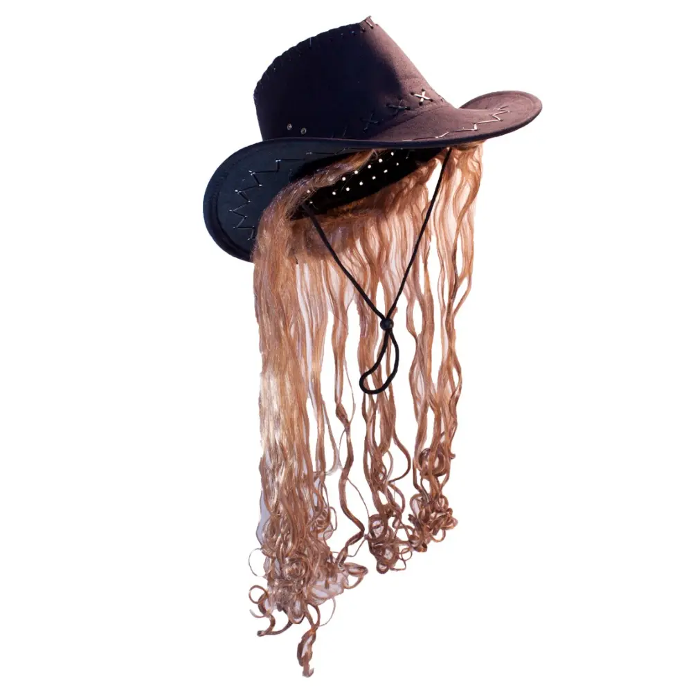 Sombreros de pelo falso de vaquero con extensiones de cabello falso, pelucas de sombrero de disfraz de vaquero