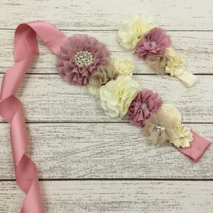 Gros Bébé Bandeau Satin Tissu Fleur Sash Ceinture Et Fleur Satin Ceinture Ensembles Avec Perle - Product Image 1