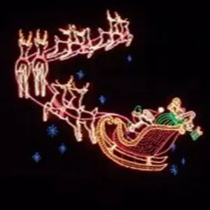 กลางแจ้งตกแต่งคริสต์มาส LED Santa reindeer animated ย้าย skyline LED flying reindeer กับ wave Santa Claus