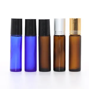 Wholesale 10ml clear amber blue purple pink green roll on glass bottles with metal ball golden cap silver lids black cover