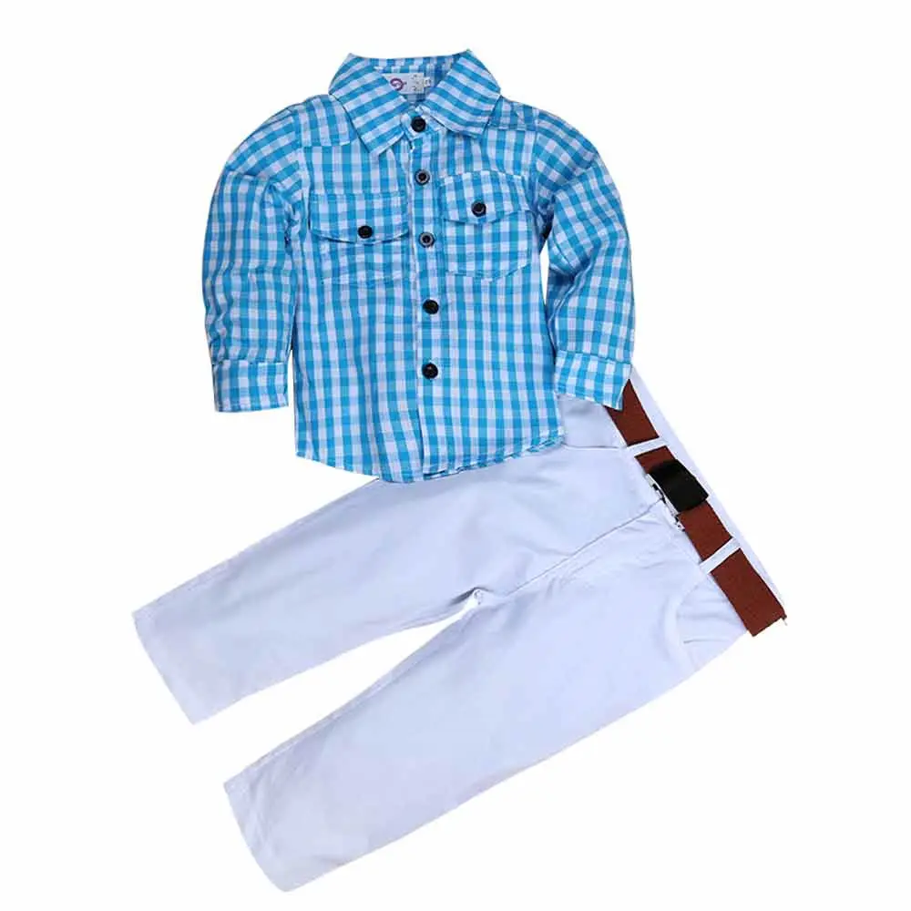 Boys clothing set long sleeve blue plaid shirt 3-pieces suit kids clothing wholesale children clothing set