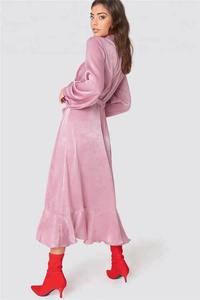 Maxi <span class=keywords><strong>abito</strong></span> in <span class=keywords><strong>raso</strong></span> Boho con volant bordeaux a maniche lunghe da donna elegante Casual autunno 2022 - Product Image 5