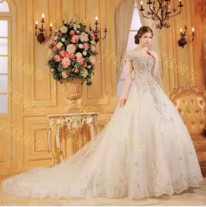 1.5m long tail white ball gown wedding dress heavy crystals stripes lace up back custom brides wear new arrive 2022 v neck XJ08
