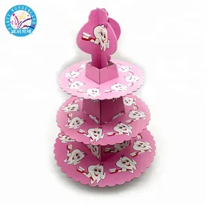 1 set baby shower 3 tier first tooth theme paperboard pink cake stand happy birthday party decoration kids favors cupcake holder