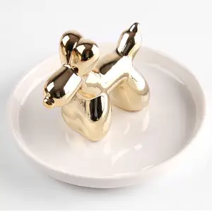 new gold-plated French Bulldog ceramic jewelry storage ring tray