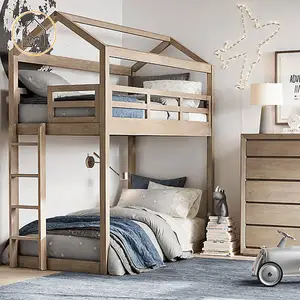 Hogar Decoración niños muebles de dormitorio de madera maciza de pino con forma de Casa cama litera para venta