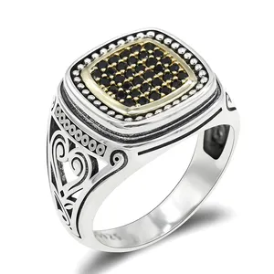 Costume Rectangle 925 Sterling Oxidized Silver Black Zircon with Brass Ring for Men in Fashion Jewelry