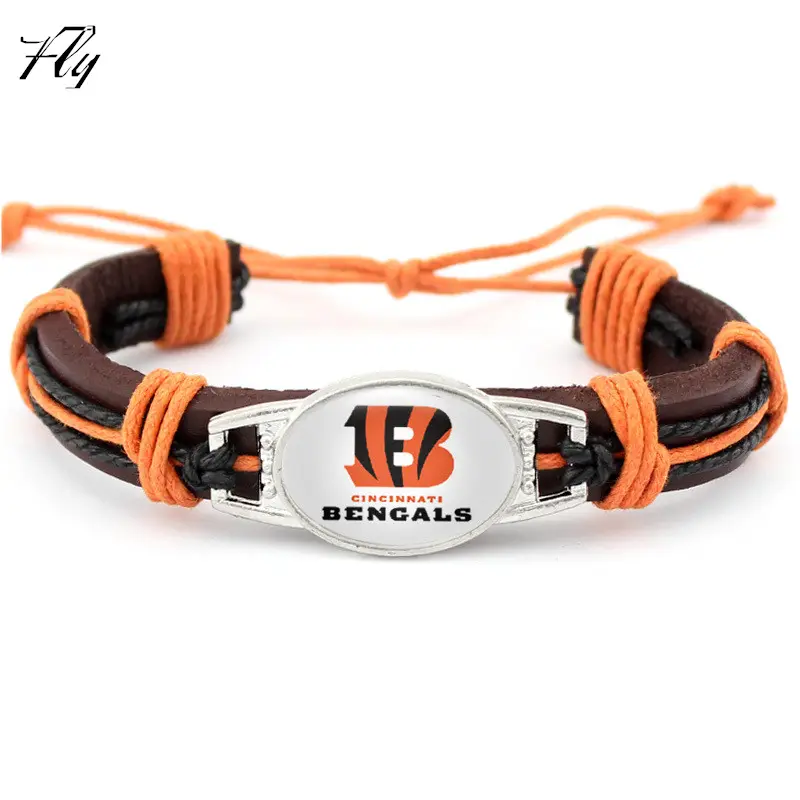 Groothandel Cincinnati Bengals Team De Custom Logo Metal Charm Geweven Lederen Armbanden Mannen