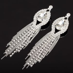 Wedding Bridal Jewelry <strong>Earrings</strong> <strong>Silver</strong> Teardrop Shape Crystal Sparkling Rhinestone <strong>Long</strong> Tassels Dangle <strong>Earrings</strong> - Product Image 3