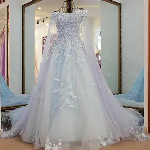LS58001 Syal Bahu Biru Langit Renda Tipis Pola Lapisan Organza untuk Gaun Pernikahan Rok Bunga Gaun Pengantin