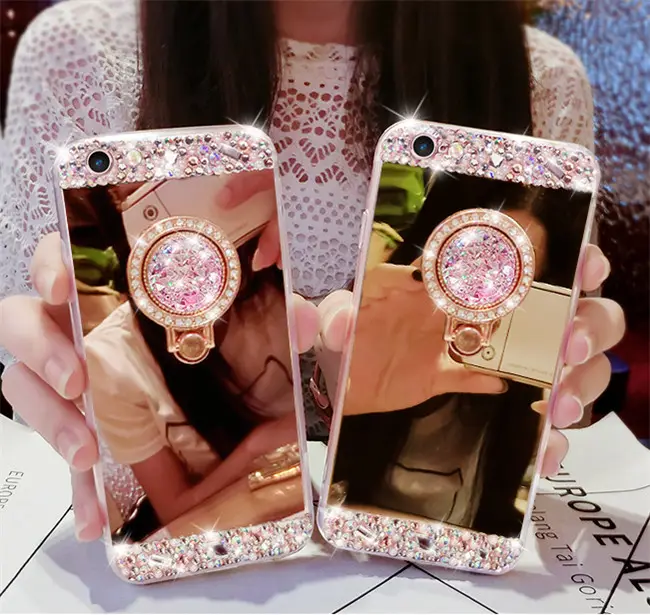 Diamante de luxo Macio TPU Caso de Telefone Espelho Com Anel Para Samsung S5 S6 S8 S9 Para iPhone 5 6 7 X