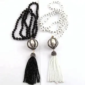 Necklace knotted handmade paved big pearl ball and tassel necklace 8mm black white crystal glass MOODPC