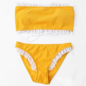 Tweedelige Set Vrouwen Geel Wit Kant Badpakken Bikini Badpak Badmode Beachwear - Product Image 1