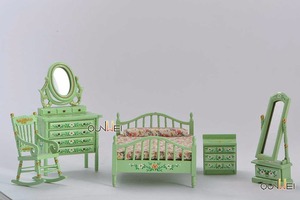 Maison de poupée <span class=keywords><strong>en</strong></span> <span class=keywords><strong>bois</strong></span>, ensemble de meubles de chambre à coucher, lit <span class=keywords><strong>Miniature</strong></span>, meubles de lit 1:12, chaise à bascule, Dressing, miroir, armoire, 5 pièces - Product Image 3