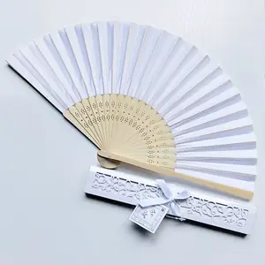 Personalized bamboo custom print silk white folding hand fan with box packing