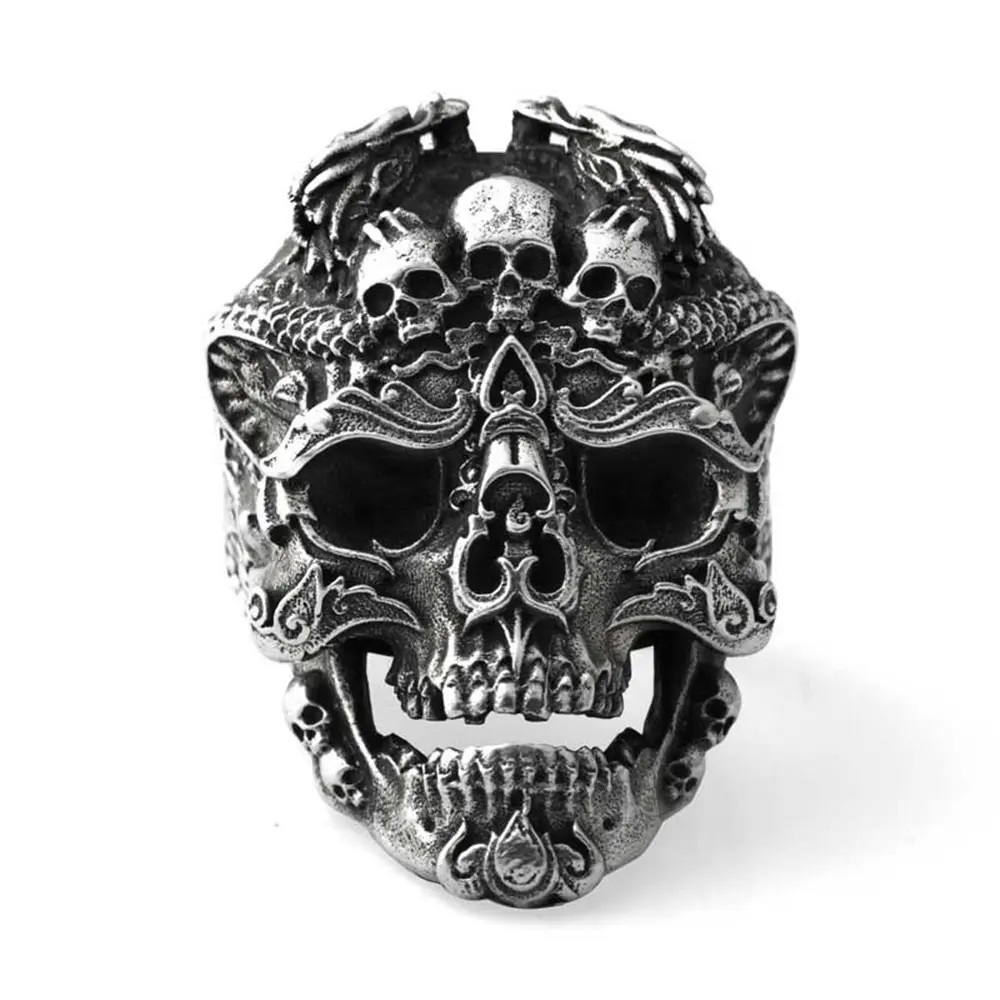 Retro Silver Plated Huge Heavy Punk Gothic Band Ring Predator Head Warrior Skull Ring For Men