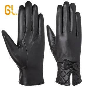 GL73 Girls Fashion Red Wine Color Goatskin Leather Glove Goat Women with Bow