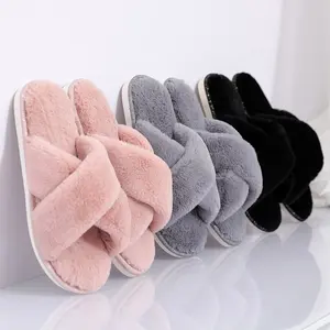 Vrouwen Faux Konijn-Haar Huis Indoor Slippers Flush Fleece Spa Thuis Schoenen Indoor Outdoor Anti-Slip Rubber zool