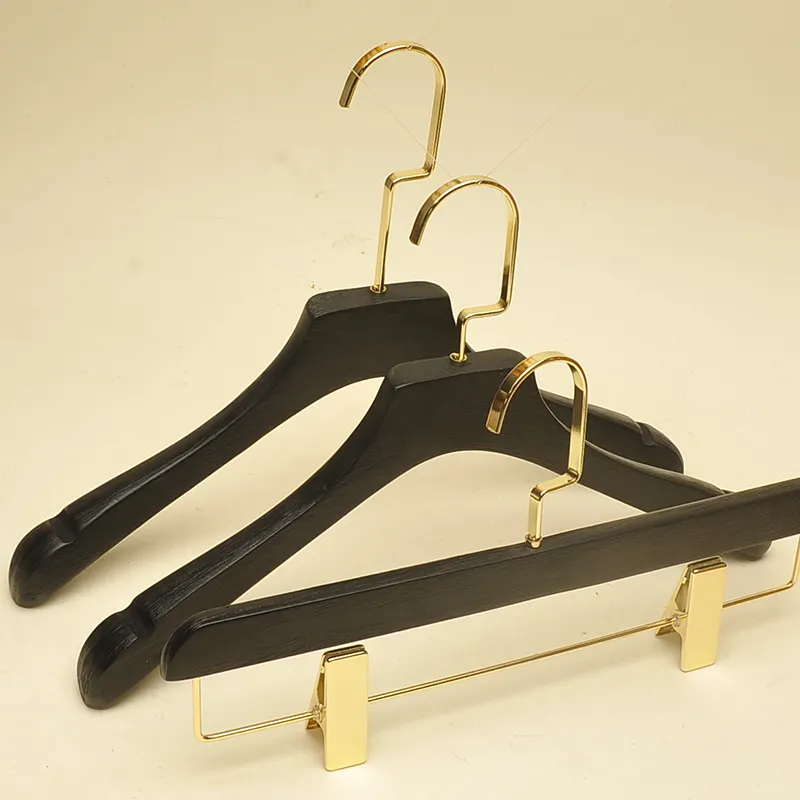 Customized branded kids wooden cloth hangers coat rack hangers in black and gold