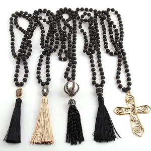 Fashion Lariat Women Tassel Necklace Lava Stone Crystal Cross Pendant Necklace