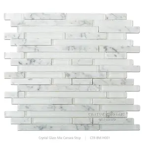 Random Strip Crystal Glass Mix White Carrara Mosaics Wall Tiles