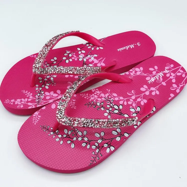 2019 factory New Arrival Fashion women flip flop flower print Rubber Outsole slipper Pvc diamond Strap