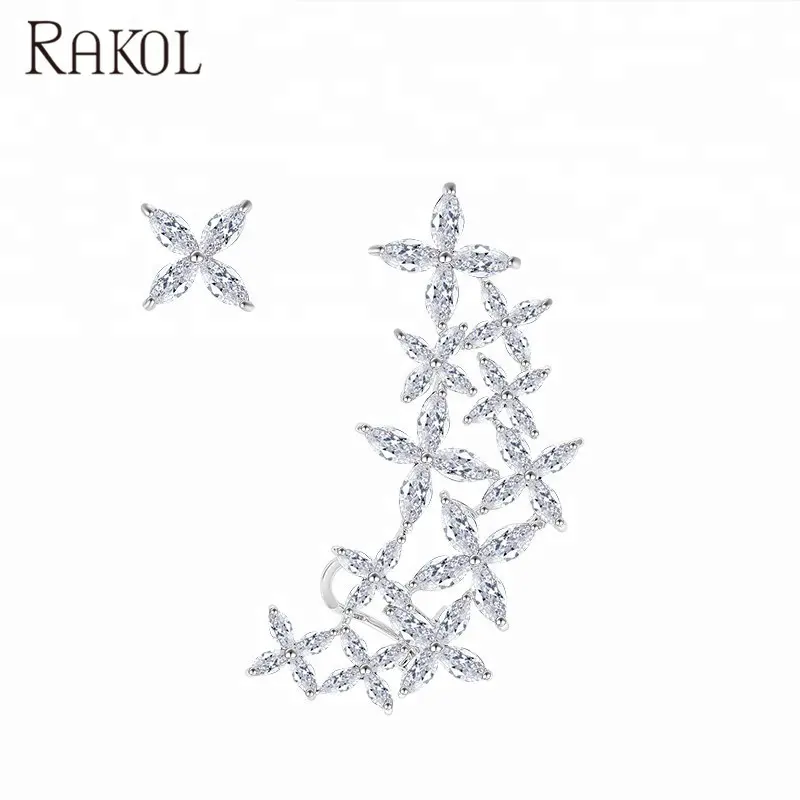 RAKOL EP530 18K/rose gold crystal zircon CZ flower asymmetry earrings for bridal jewelry EP530