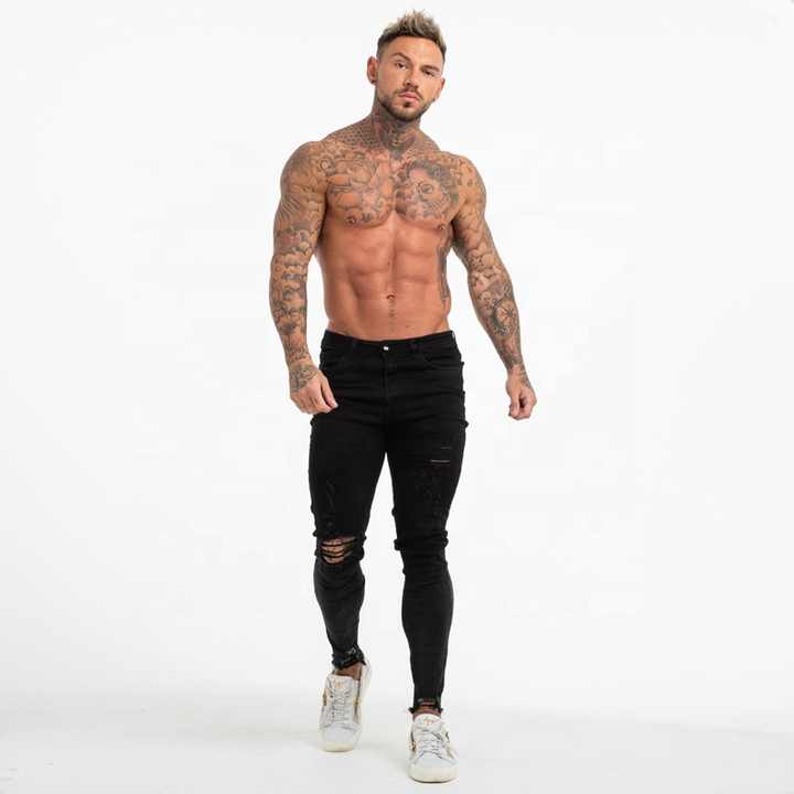 Gingtto  Jeans Men Elastic High Waist Skinny Jeans Black Ripped Hem Jeans for Men