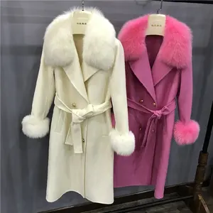 Celebrity winter clothes double breasted overcoat real fox fur trimmed women jacket long length winter wool coats winter jacket