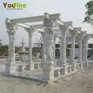 Gazebo in marmo bianco da giardino con padiglione in pietra naturale intagliato a mano in vendita