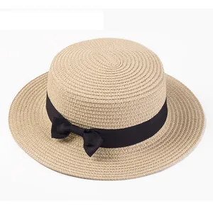 Nueva moda señoras al aire libre sombrilla playa Logo etiqueta personalizada plana superior decorativa mujeres sombrero de paja