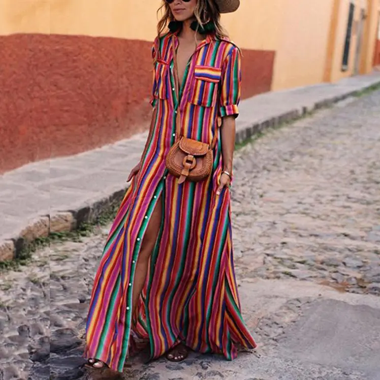 Summer Hot Sale Button Long Color Striped Dress Shirt Fringe Maxi Dress