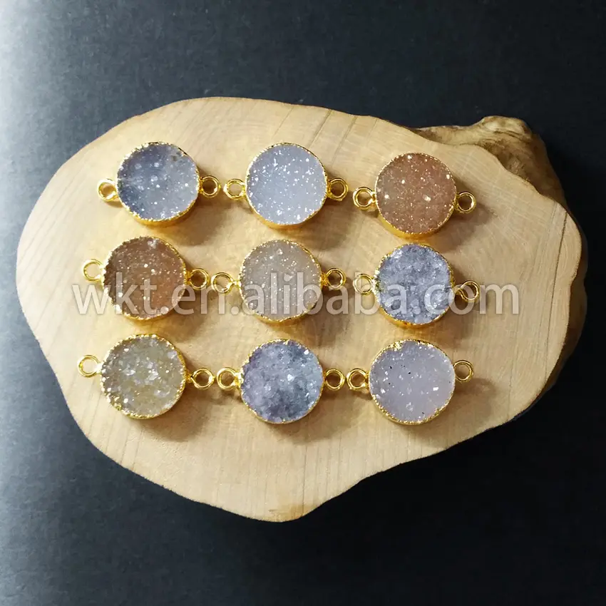 WT-C088, venta al por mayor, drusa naturales de conectores redondos, accesorios de joyería, colgante de conectores de druzy de 12mm chapados en oro para encontrar joyas