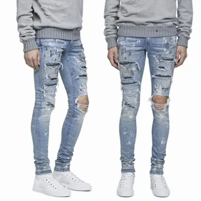 OEM vernice schizzato jeans con lavaggio pesante di soccorso strass jeans degli uomini dei jeans pantaloni 106