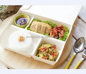 Contenedor desechable biodegradable personalizado para comida, contenedor de papel de comida con tapa, 4 compartimentos