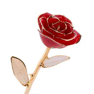 Cadeau romantique pour femme, pétales trempées en or 24k, vraie Rose à longue tige avec une feuille dorée préservée