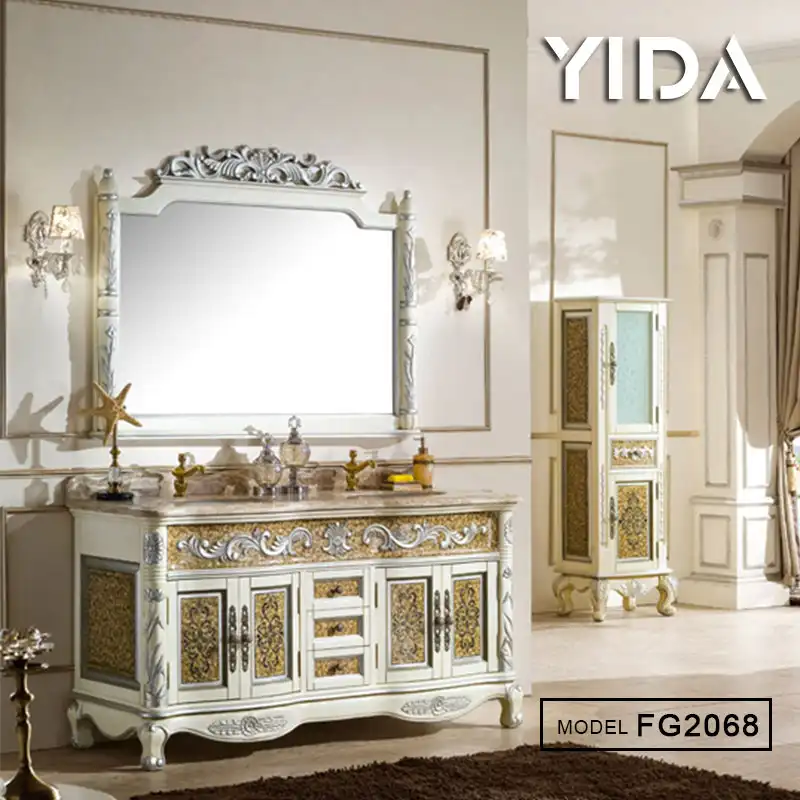 Classic Retro beige Vanità Bagno Antico di Legno Vanità bagno con specchio
