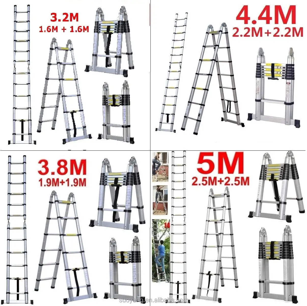 3.8M Aluminium Een Soort Dubbele Telescopische Trap Ladder EN131-6 Enkele Rechte Ladders Binnenlandse Ladders EN131 Gs 380*48*9Cm