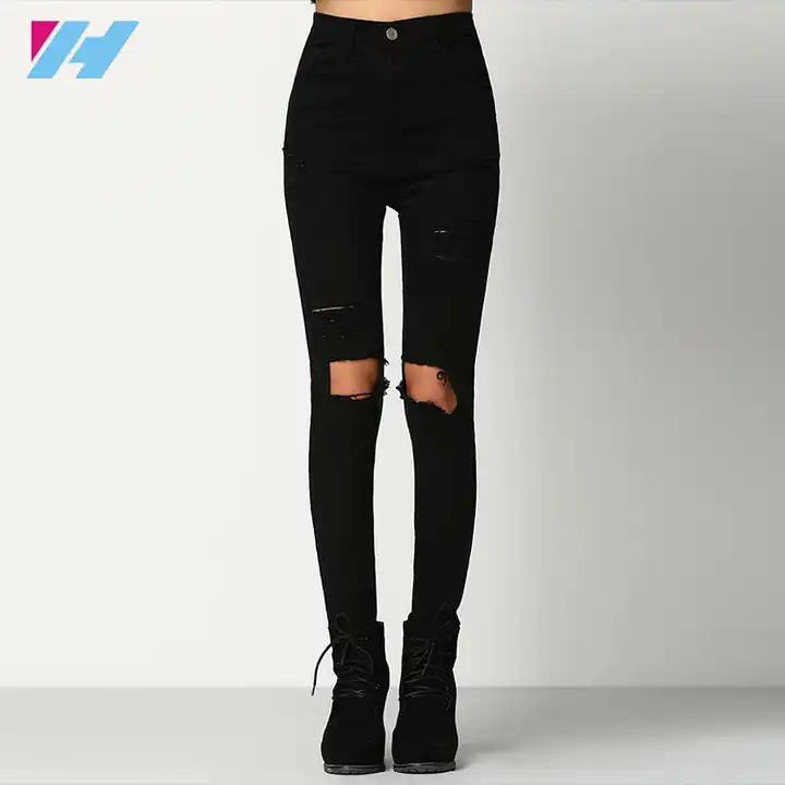nueva moda mujer jean negro ripped slim elástico cintura skinny denim jeans