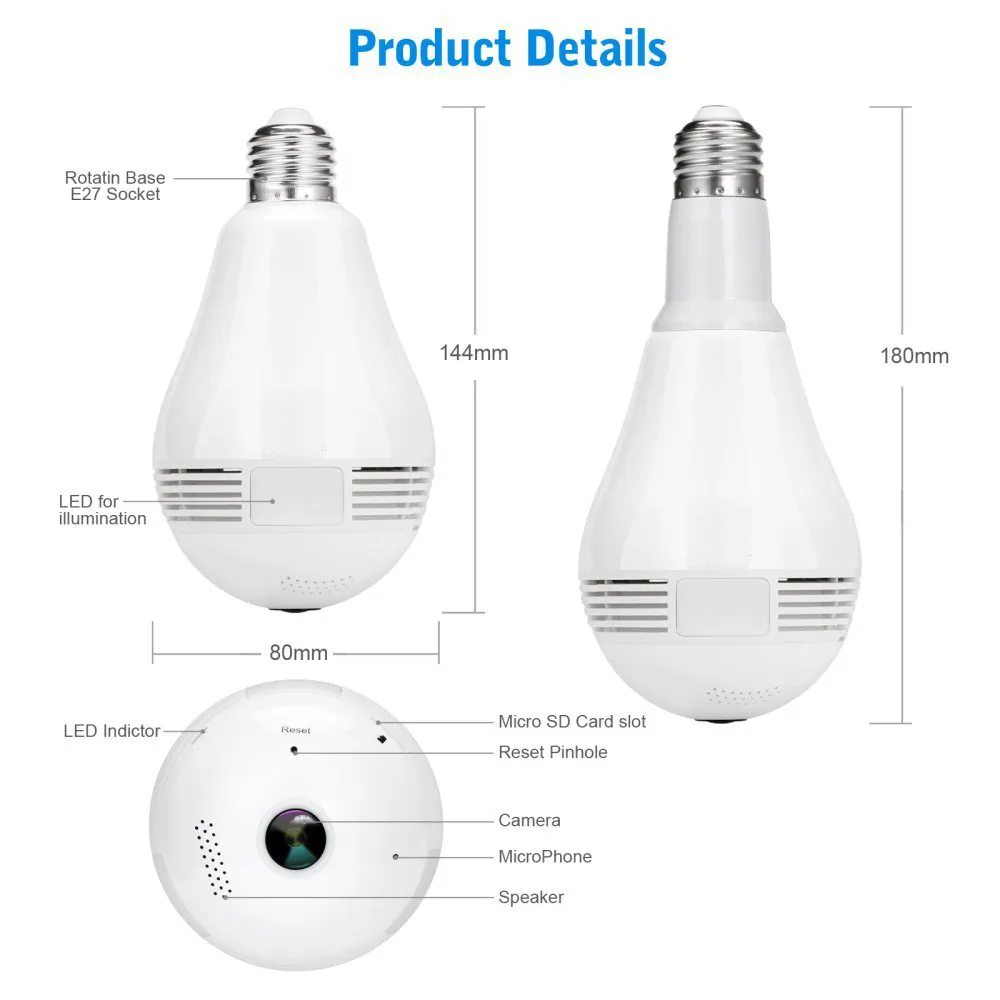 HD 960P 360 Degree V380 Panoramic CCTV Wifi Security Lamp Camera Light Bulb Smart