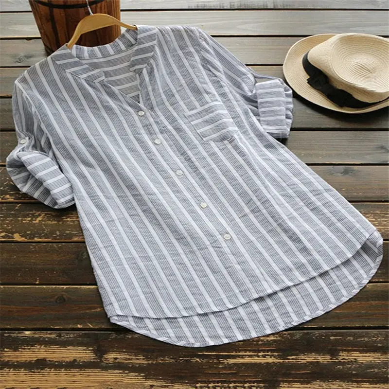 Women Fashion Striped V-Neck Baggy Shirts Lady Casual Loose Tunic Tops Plus Size S-5XL Blouse