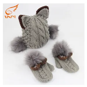 Wholesale Wool Knitted Winter Hats Cat Ear Fox Knitted Hat with Gloves 100% Wool Breathable & Waterproof Custom Logo Custom Size