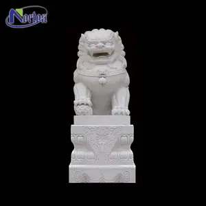 Custom Chinese style marble lion sculpture life size pure white stone fu dog statues foo dogs stone carvings