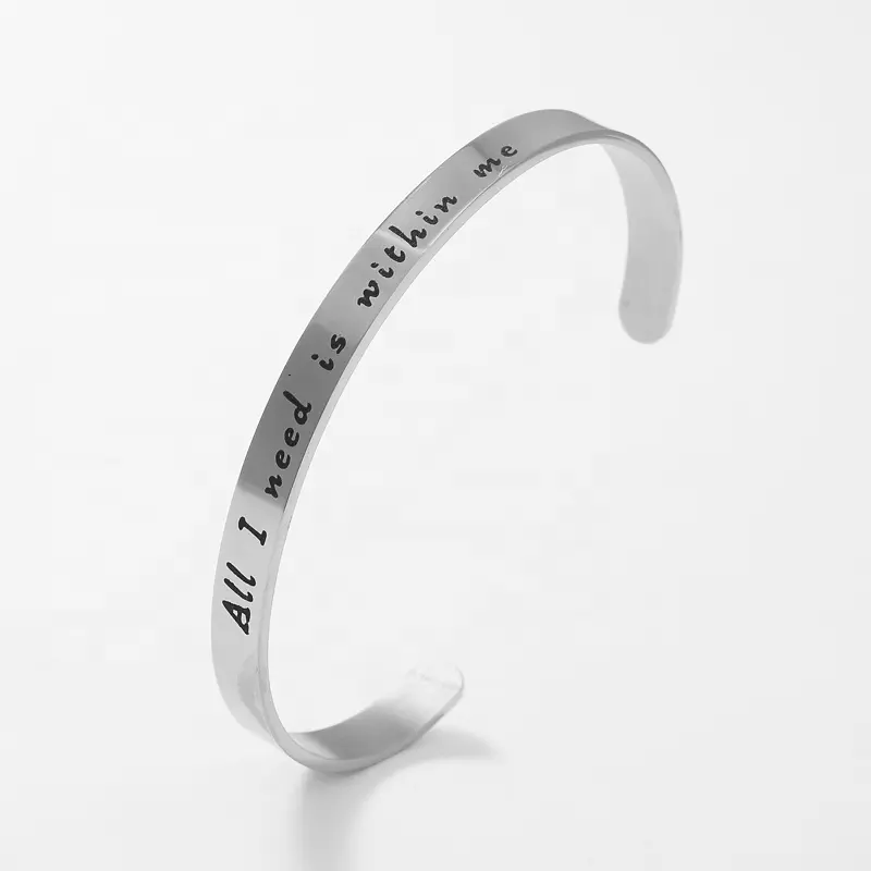 LOORDON Stock Stainless Steel " All I Need Is Within Me " Positive Quotes Energy Open Cuff Bangle Bracelet