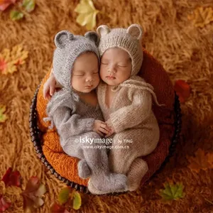 Romper Onesie Lengan Panjang Bayi, Romper Onesie Lengan Panjang dan Kap Mesin Set Peralatan Fotografi Buatan Tangan Rajutan Bayi Alpaca